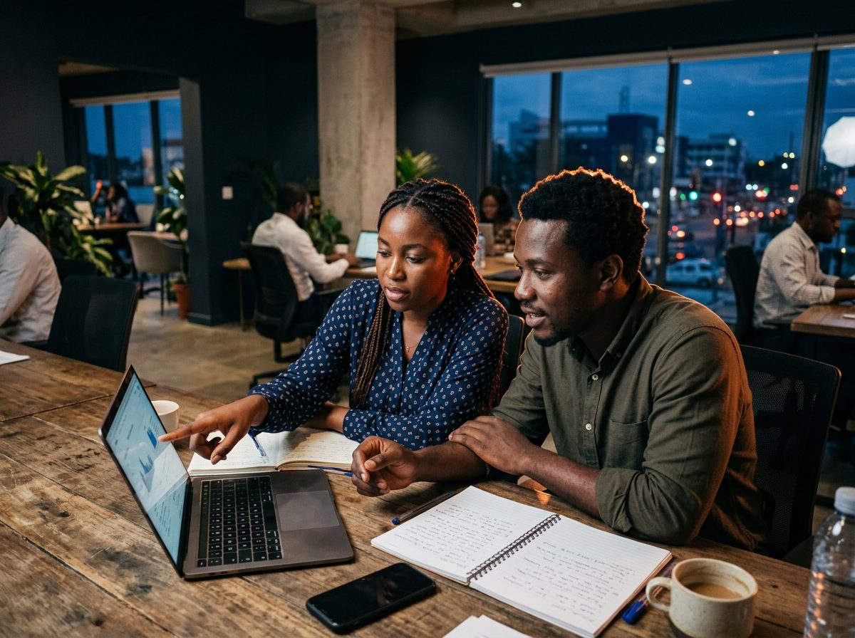 Two colleagues working through an automation together at a desk