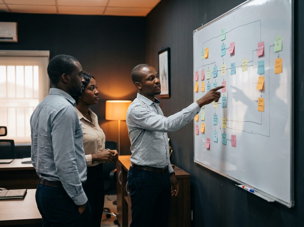 A team mapping a client workflow on a whiteboard